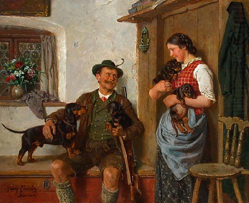 Die Dackelfamilie mit Jager und Magd, Gustav Eberlein